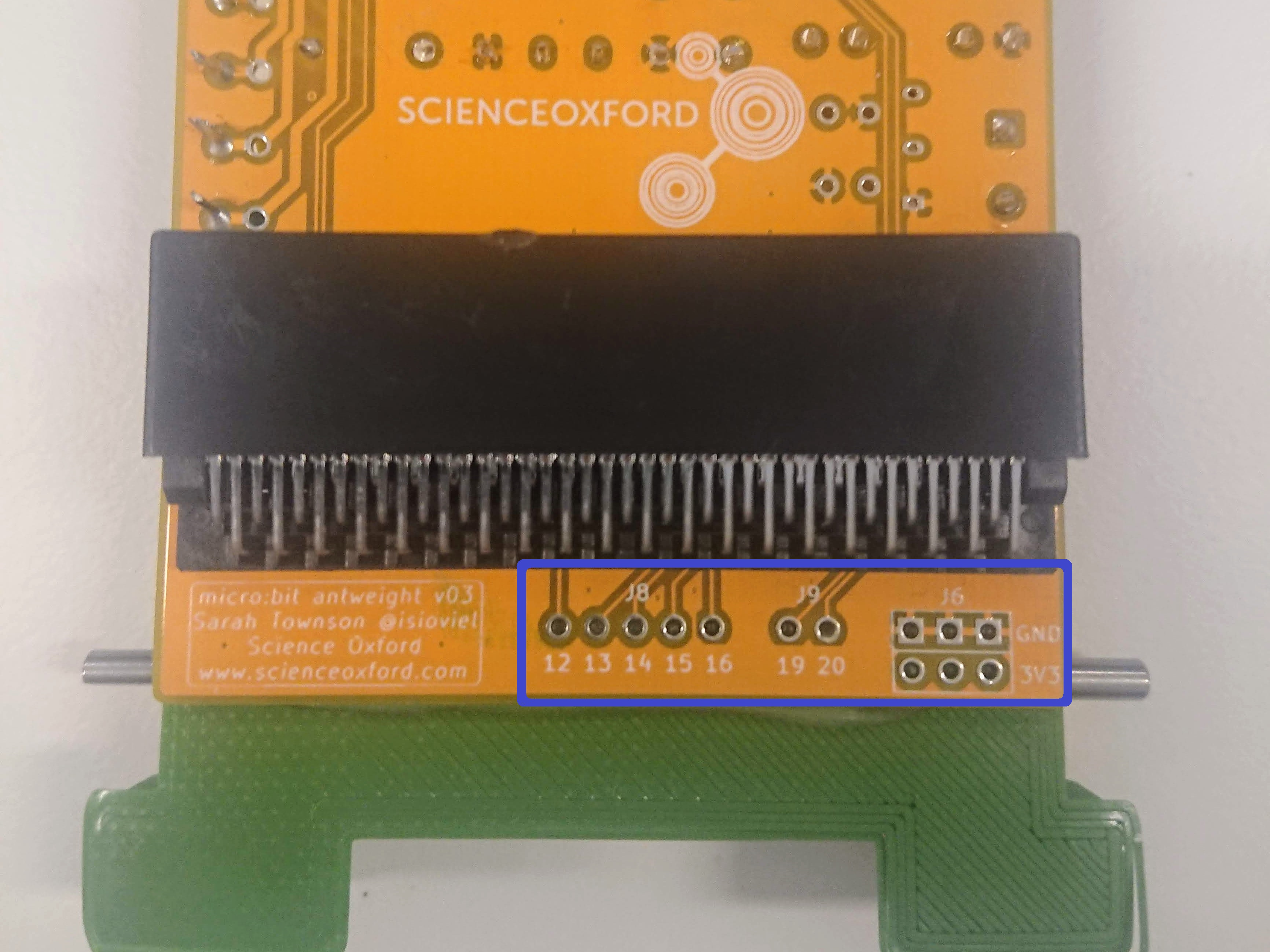 Close-up of pin connector area of circuit board